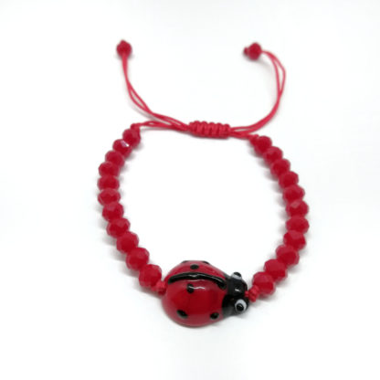 Pulsera mariquita bolitas roja facetada